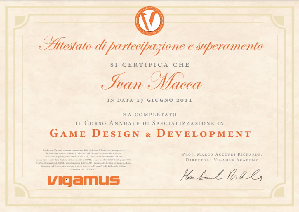 Vigamus Academy certificate